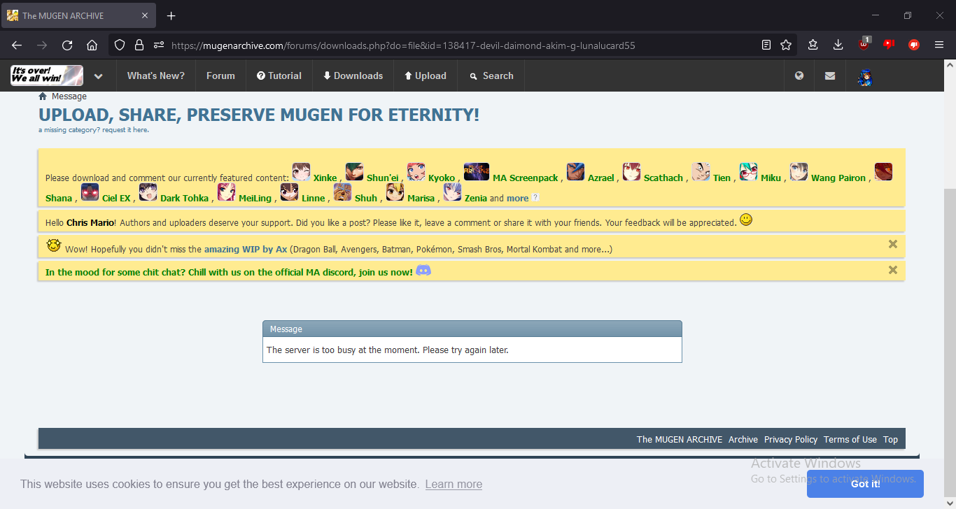 MUGEN ARCHIVE: Server is too busy, Please try again later, What happened  to my Mugen Archive account - Mugen Topics - AK1 MUGEN Community